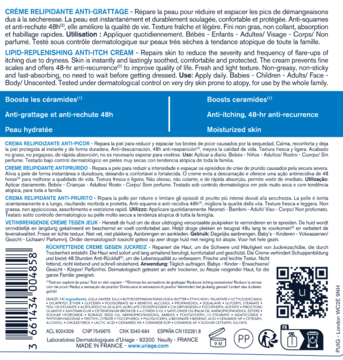 Tył opakowania kremu Uriage Xemose C8+ przeciw świądowi, z wielojęzycznym opisem i kodem QR.
