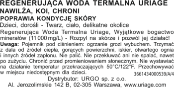 Uriage Regenerująca Woda Termalna w sprayu, biała etykieta z tekstem PL o nawilżaniu i ochronie skóry.