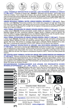 Uriage woda termalna w sprayu, tył opakowania z etykietą, widoczne informacje o składzie mineralnym i recyklingu.