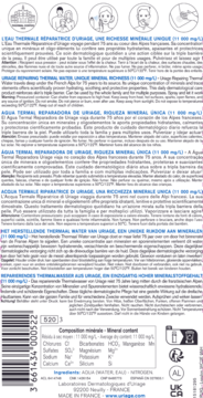 Tył opakowania Uriage Wody Termalnej sprayu, szczegółowy skład i wielojęzyczny opis.