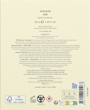 Tył opakowania Nishane Ani Extrait de Parfum 50ml, kremowy kartonik z czarnym tekstem, składem i ostrzeżeniami.
