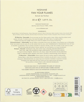 Tył beżowego opakowania Nishane Fan Your Flames Extrait de Parfum, z tekstem i symbolami. Składniki.