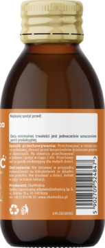 Tył butelki Ekamedica Shot na Odporność, z etykietą w kolorze pomarańczowo-białym, widoczne instrukcje i kod kreskowy.