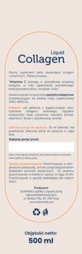 Liquid Collagen 500 ml, płynny suplement z kolagenem i witaminą C, pełna etykieta produktowa z przodu.