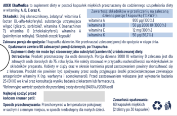 Tył opakowania suplementu ADEK EkaMedica z tabelą witamin A, D, E, K, dawkowaniem i ostrzeżeniami.