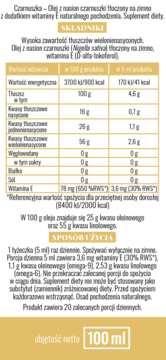 Etykieta oleju z czarnuszki z witaminą E, widok na tabelę wartości odżywczych i instrukcję stosowania, 100 ml.