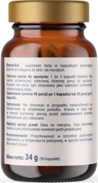 Tył brązowej butelki EkaMarikol z kolagenem rybim, złota zakrętka, widoczne informacje o produkcie.