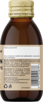 Tył butelki SHOT KOLAGEN 15000 mg EkaMedica, brązowe szkło, złota zakrętka, biała etykieta z opisem.