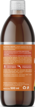 Tył butelki suplementu Imbir Kurkuma z piperyną 500 ml, brązowy płyn, biała nakrętka, widoczne polskie instrukcje.