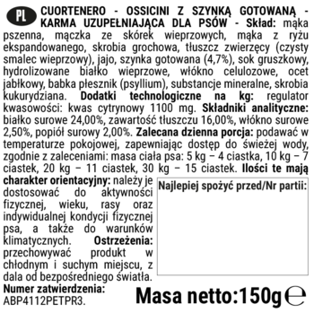 DoggyeBag CUORTENERO OSSICINI CIASTECZKA Z SZYNKĄ GOTOWANĄ, etykieta karmy dla psów 150g.
