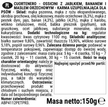 DoggyeBag CUORTENERO OSSICINI dla psów, karma uzupełniająca z jabłkiem i bananem. Pełna etykieta ze składem.