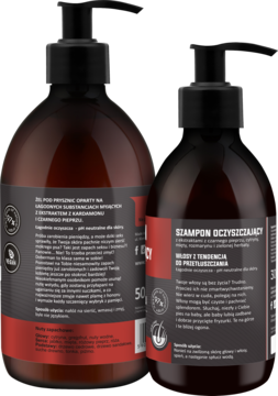 Dwie brązowe butelki z czarnymi pompkami: tył żelu pod prysznic 500ml i przód szamponu 300ml Zapach Seksu i Biznesu.