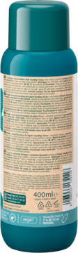 Tył turkusowej butelki Kneipp Goodbye Stress, piana do kąpieli, z etykietą, napisem VEGAN i 71% recyklingu.