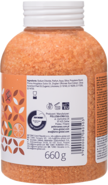 Tył butelki Eva Korzenna Pomarańcza sól do kąpieli 660g, pomarańczowe granulki, widoczna lista składników, 99% naturalna.