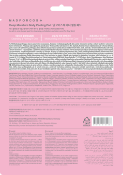 Tył różowego opakowania Madforcos Deep Moisture Body Peeling Pad, z koreańskimi i angielskimi napisami oraz kodem kreskowym.