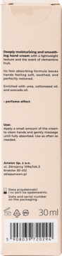 Beżowe opakowanie kremu do rąk z klementynką, tył z opisem nawilżającym, ikonami i kodem EAN.