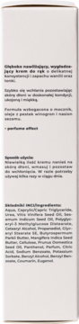 Bok białego opakowania kremu do rąk o zapachu wanilii, z informacjami o składnikach i użyciu.