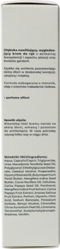 Boczna ścianka białego opakowania kremu do rąk o zapachu pistacji i gardenii z opisem i INCI.
