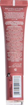 Tył Revolution Peptide Glaze Lip Serum Cinnamon Roll, brązowa tubka z listą składników i kodem kreskowym.