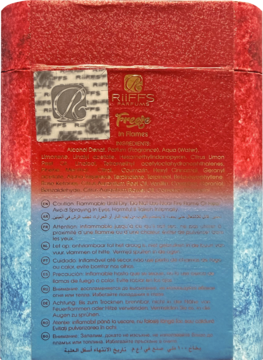 Tył opakowania perfum unisex Riiffs Freeze in Flames, czerwono-niebieskie, z naklejką hologramową i opisem produktu.