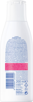 Tył białej butelki NIVEA mleczka do demakijażu z olejkiem migdałowym, widoczny kod kreskowy i skład.