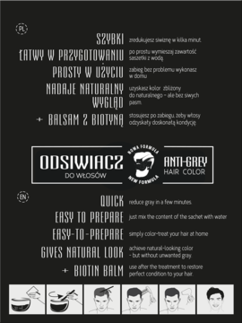 Czarno-biały plakat Camelo MEN Odsiwiacz do włosów, z listą cech w j. polskim i angielskim.