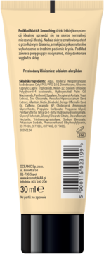 Tył beżowej tubki matującego podkładu Matt & Smoothing 30ml, ze składem, kodem kreskowym i czarną zakrętką.