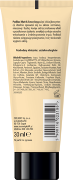 Tył beżowego podkładu Matt & Smoothing 30ml z opisem po polsku, składem i kodem kreskowym na czarnym tle.
