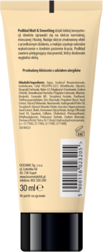 Tył beżowego podkładu Matt & Smoothing 30 ml z niacynamidem, widoczne polskie napisy i kod kreskowy.