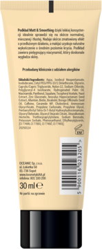 Podkład Matt & Smoothing, beżowa tubka 30 ml, tył z opisem, składnikami i kodem kreskowym w jęz. polskim.