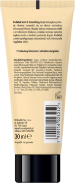 Tył beżowej tubki matującego podkładu Matt & Smoothing Dark Beige 107 z tekstem i kodem kreskowym.