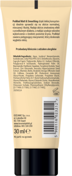 Tył beżowej tubki matującego podkładu Matt & Smoothing 30ml z niacynamidem, widoczny opis i składniki.