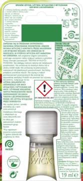 Tył zielono-białego opakowania wkładu Air Wick 19ml do elektrycznego odświeżacza, widoczne instrukcje i ostrzeżenia.