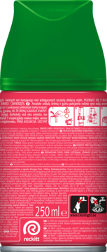 Tył wkładu Air Wick Freshmatic odświeżacza Musujące Rose z Malinami, 250ml, czerwono-zielony, z piktogramami i tekstem.