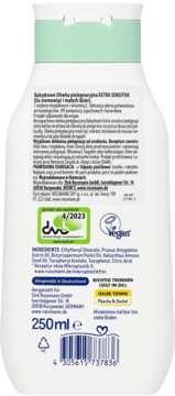 Tył białej butelki Babydream Oliwka EXTRA SENSITIVE 250ml dla niemowląt, z listą składników i certyfikatami.