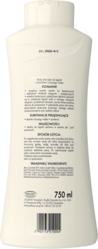 Tył białej butelki płynu do kąpieli Biały Jeleń Kozie Mleko 750 ml z etykietą i kodem kreskowym.