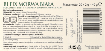 Tył opakowania herbatki BI FIX Morwa Biała, suplementu diety, z widocznym składem, datą i kodem kreskowym.