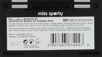 Tył czarnego opakowania Miss Sporty Studio Eyebrow Kit 001 Medium Brown z instrukcjami i kodem kreskowym.