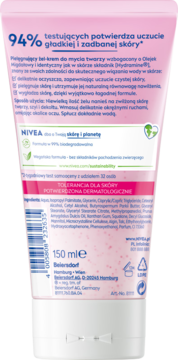 Nivea różowy żel-krem do mycia twarzy z olejkiem migdałowym. Tył tubki z opisem o gładkiej skórze.