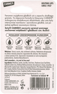 Tył opakowania balsamu do ust Carmex Granat. Widoczne szczegóły działania, lista składników i kod kreskowy.