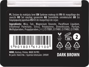 Tył ciemnego opakowania Wibo Dark Brown zestawu do brwi; widoczne składniki, kod kreskowy i ikony.
