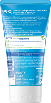 Nivea odświeżający żel do twarzy, tył niebieskiej tuby z białym tekstem i składem produktu.