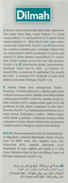 Tył opakowania herbaty Dilmah Czarna Gruszka i Pomarańcza, z listą składników i opisami w wielu językach.