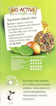 Tył zielonej paczki herbaty Big-Active z grafiką mango, opuncji i tabelą cech naparu. Opis benefitów.