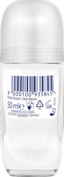 Tył przezroczystego dezodorantu roll-on 50ml. Widoczna etykieta z kodem EAN, 'Ethyl Alcohol' i danymi producenta Henkel.