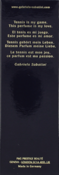 Tył ciemnego opakowania perfum Gabriela Sabatini, z tekstem w kilku językach i danymi producenta, Made in Germany.