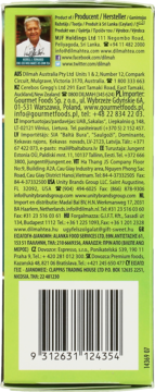 Tył zielonego opakowania herbaty Dilmah Pure Green; biały tekst z danymi producenta i kodem EAN.