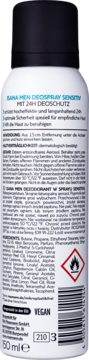 Tył białej puszki dezodorantu Isana Men Sensitiv 150 ml z listą składników i ostrzeżeniami.