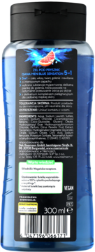 Tył żelu pod prysznic Isana Men Blue Sensation 5w1, niebieska butelka z czarną etykietą, widoczny skład i kod kreskowy.