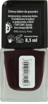 Wibo żelowy lakier do paznokci, ciemny burgund, tył butelki z etykietą, kodem kreskowym i instrukcjami użycia.